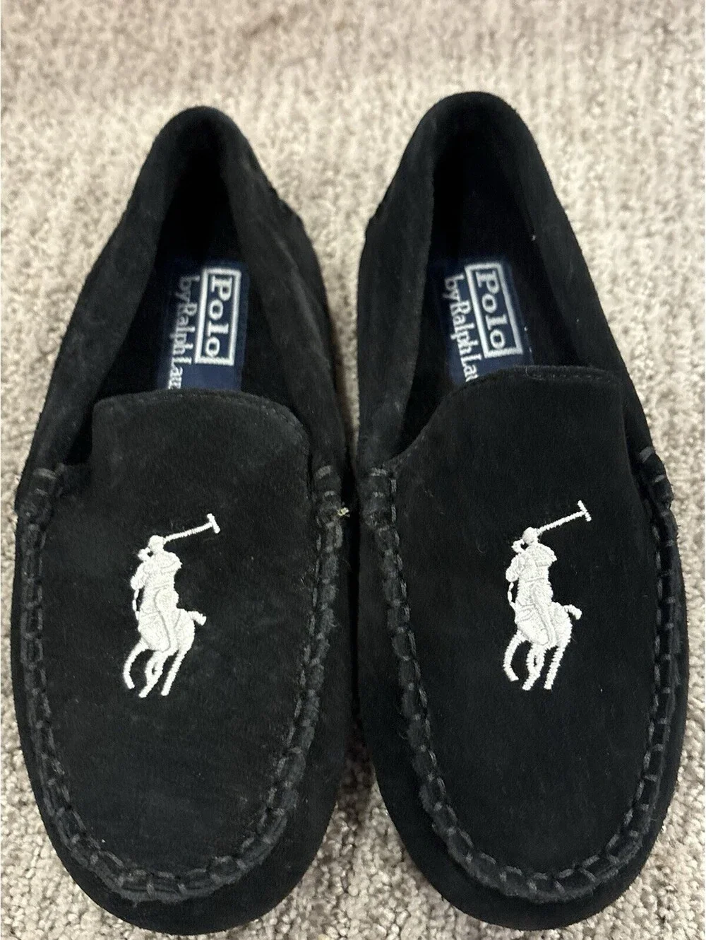 Polo Ralph Lauren Slippers Shoes Kids Size 13 Black Moccasin Fleece Pony Logo